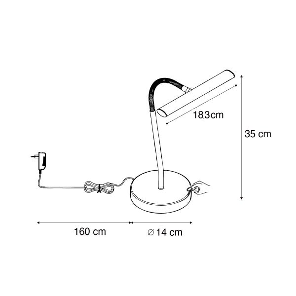 Skizze einer Schreibtischleuchte mit den Maßen 18,3 cm Länge, 35 cm Höhe, 14 cm Durchmesser und 160 cm Kabellänge.
