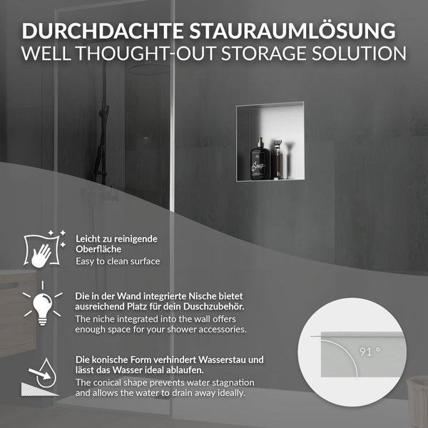 Integrierte Duschwandnische aus Edelstahl mit Seifenspender, konische Form für optimalen Wasserablauf und pflegeleichte Oberfläche.
