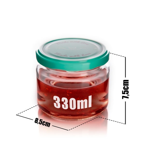 Glas mit Marmelade und den Massen 7,5 cm Höhe und 8,5 cm Breite