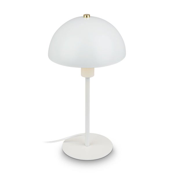 Moderne weiße Tischleuchte mit kuppelförmigem Schirm, schlankem Metallstiel und rundem Fuß.