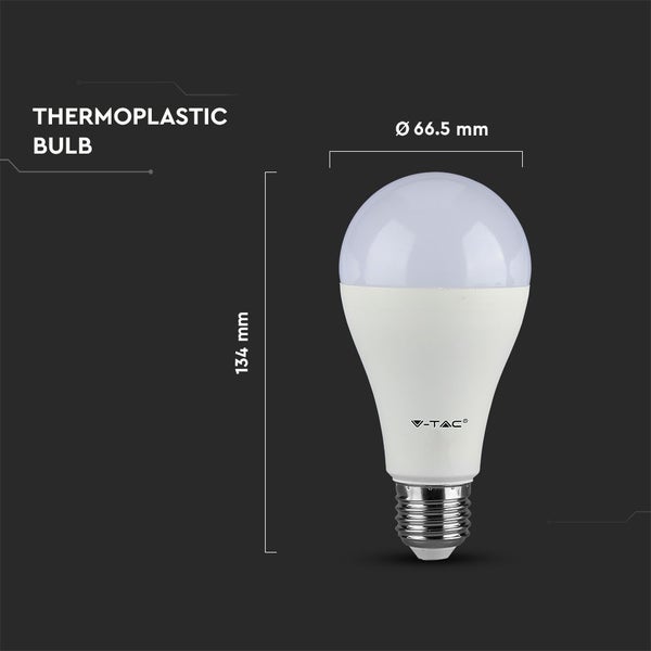 V-TAC LED-Lampe aus Thermoplast mit E27 Sockel, Durchmesser 66,5 Millimeter, Höhe 134 Millimeter.