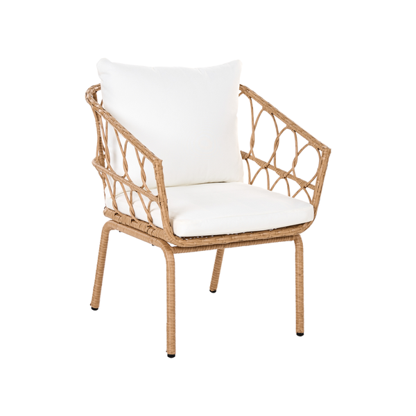 Garten-Loungesessel aus Polyrattan-Geflecht mit weißen Sitz- und Rückenkissen, Rückansicht.