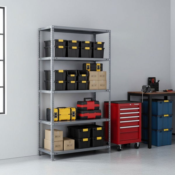 Schwerlastregal aus Metall mit fünf Ebenen, bestückt mit Werkzeugkoffern, Sichtlagerkästen und Kartons in einer organisierten Werkstatt.