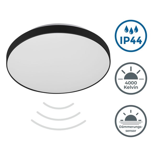 Runde LED-Deckenleuchte mit IP44-Spritzwasserschutz, 4000 Kelvin neutralweißem Licht, Dämmerungssensor und Bewegungsmelder.