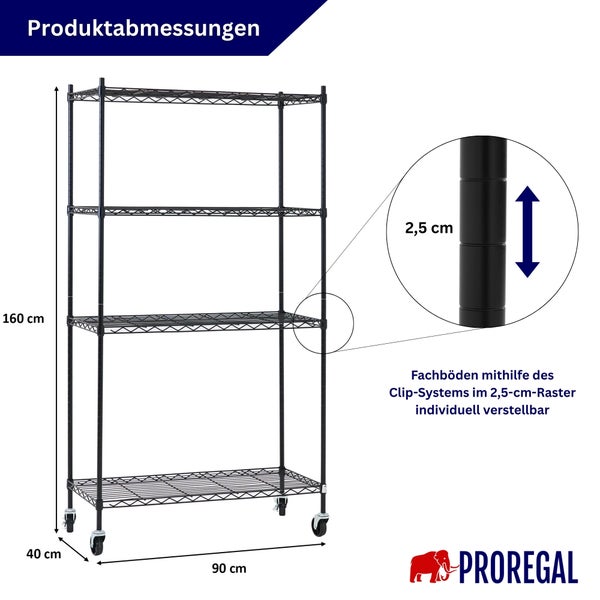 Drahtregal auf Rollen mit 4 Böden. 160 Zentimeter hoch, 90 breit, 40 tief. Böden im 2,5 Zentimeter Raster verstellbar. PROREGAL Logo.