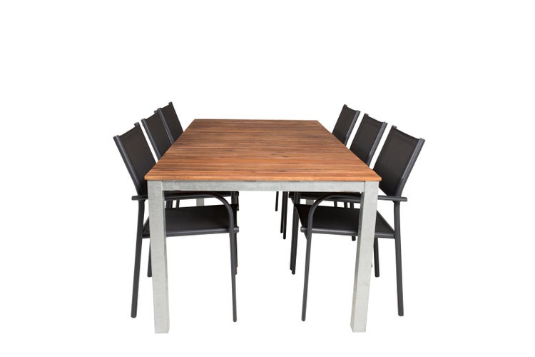 Zenia Gartenset Tisch 100x200cm und 6 Stühle Santorini schwarz, natur, silber. 100 X 200 X 74 cm