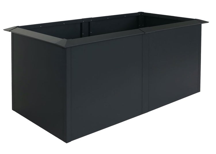 Hochbeet aus Metall in Anthrazit, rechteckige Form mit breitem Rand.
