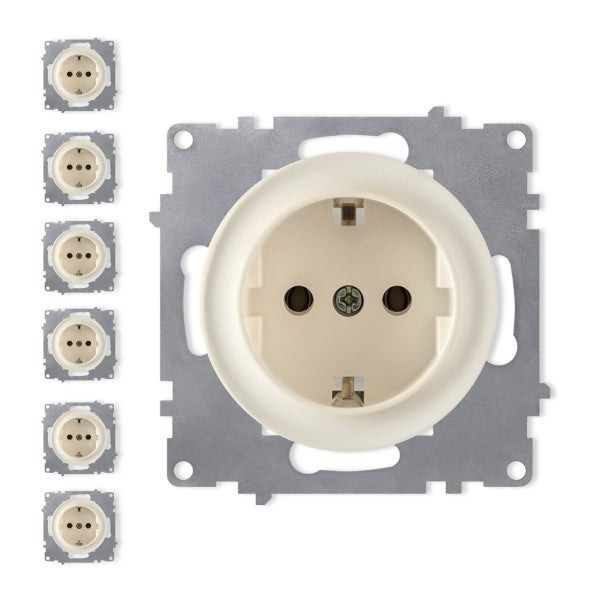 Set aus sechs Schuko Steckdosen Einsätzen mit Metall Tragring für Unterputz Installation