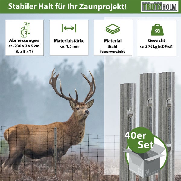 Trutzholm Z-Profil Zaunpfosten Set aus feuerverzinktem Stahl mit Haken zur Zaunbefestigung, 230 cm lang, 40 Stück.