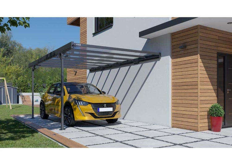 Terrando Anlehncarport Mistral Carport aus Metall in Grau, Unterstand Überdachung, Naturbelassen 3x4,9m