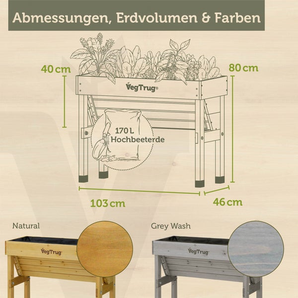 VegTrug Hochbeet Maße: 103x46x80 Zentimeter, 40 Zentimeter Pflanztiefe, 170 Liter Erdvolumen. Verfügbar in den Farben Natur und Grey Wash.