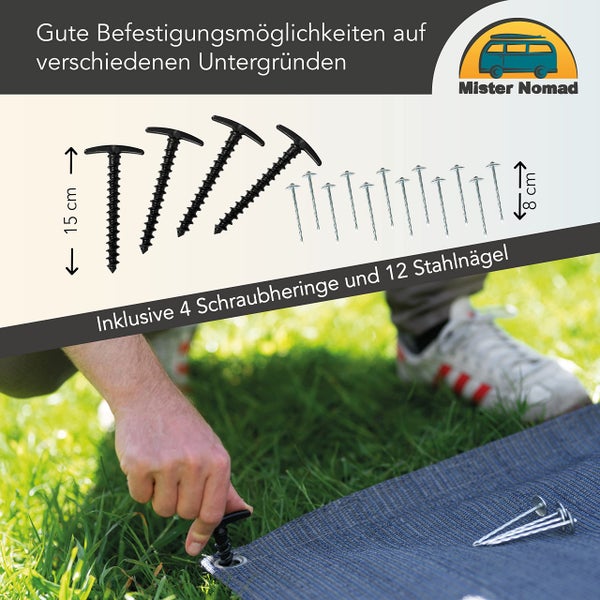 Mr Nomad Vorzeltteppich 2.0 m x 2.5 m - hochwertiger 300 g/m² Softer Camping Teppich blau/grau - idealer Vorzeltboden inkl Tragetasche, 4 T-Heringe, 12 Stahlnägel & Kehrblech