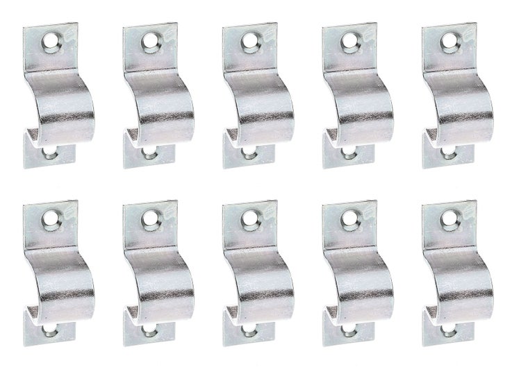 Zehn S-förmige Rohrschellen aus Metall zur Befestigung von Rohren an Wänden oder Decken.