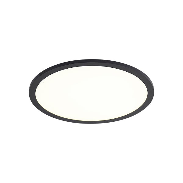 Rundes LED-Panel mit schwarzem Rahmen und weißer Leuchtfläche für die Deckenmontage.