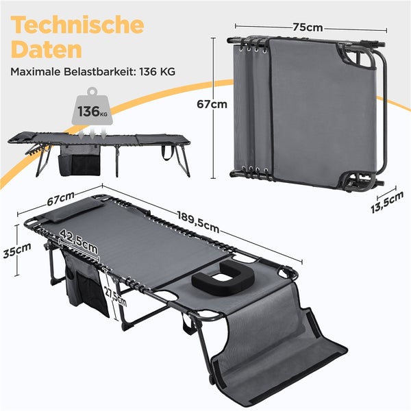 Technische Zeichnung einer grauen Sonnenliege mit den Maßen 189,5 cm Länge, 67 cm Breite und maximaler Belastbarkeit von 136 Kilogramm.