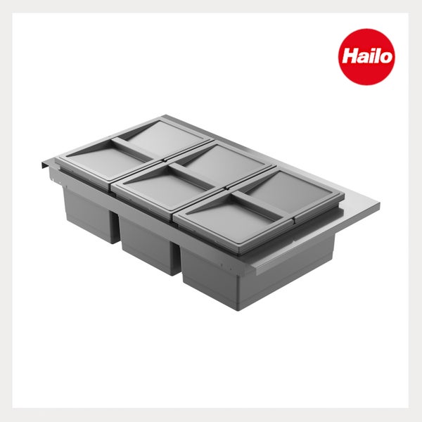 Hailo Abfalltrennsystem mit drei Mülleimern und Halterahmen aus Kunststoff. Hailo Logo.