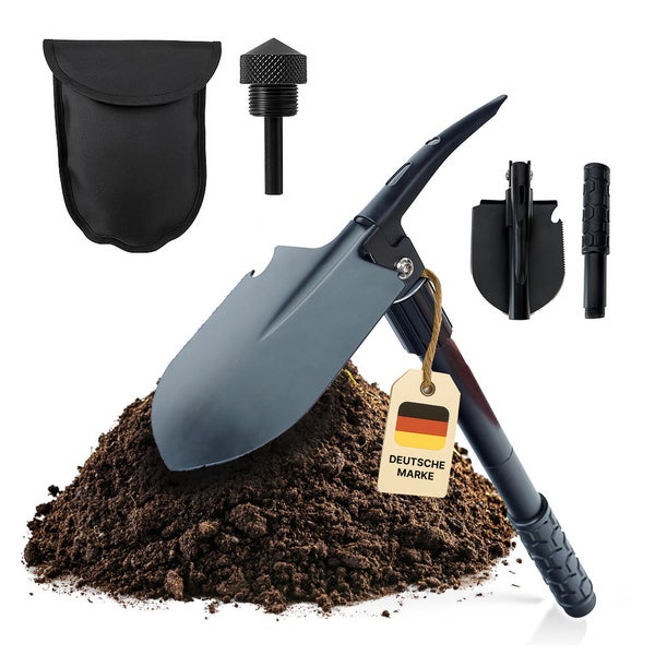 Mehrzweckspaten mit Zubehör und einer Erhebung mit dem Etikett Deutsche Marke