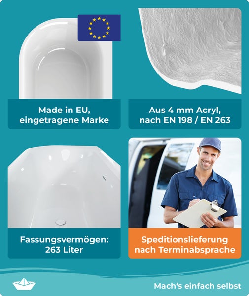 Badewanneninformationen zu Material, Herkunft, Normen, Volumen und Lieferung