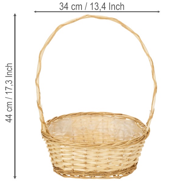 Geflochtener Korb mit Henkel und Kunststoffauskleidung, Breite 34 Zentimeter, Höhe 44 Zentimeter.