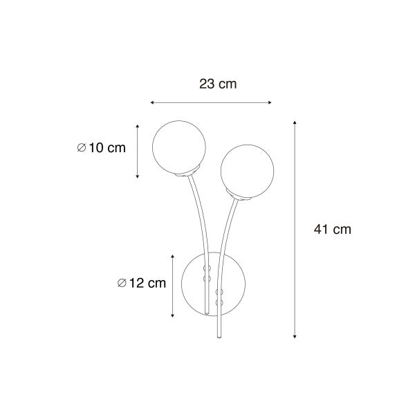Technische Zeichnung einer Wandleuchte mit zwei Leuchtenarmen und den Maßen 41 x 23 x 10 x 12 Zentimeter