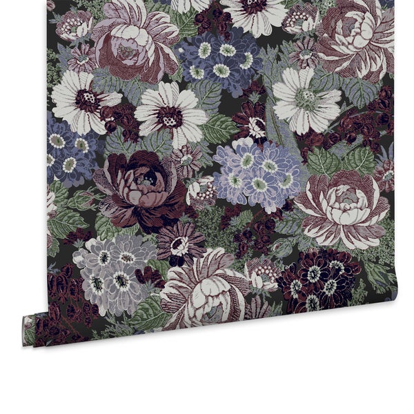 Vliestapete mit floralem Blumenmuster und Blättern in klassischer Gestaltung auf dunklem Untergrund