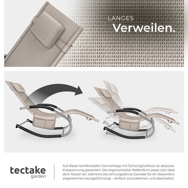 Ergonomische Gartenliege von tectake garden mit Schwingfunktion, beigem atmungsaktivem Gewebe, Kopfpolster und gewellter Form.