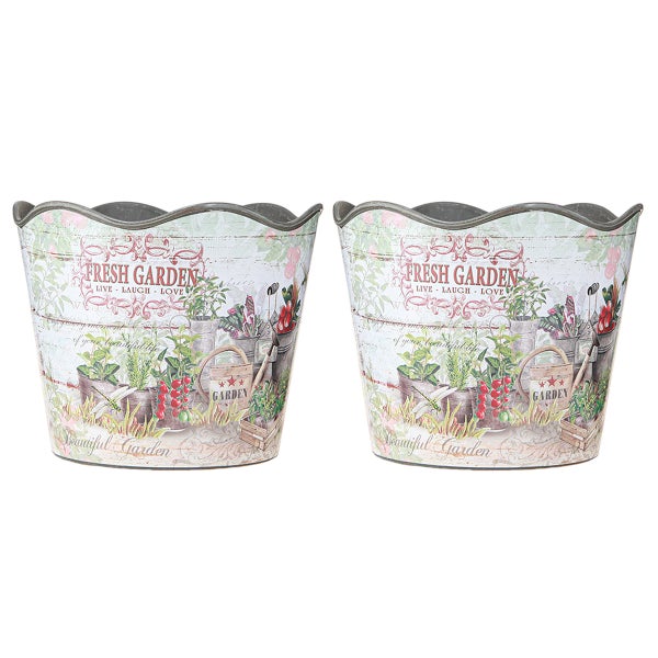 Dekortopf aus Metall mit Gartenmotiven, gewelltem Rand und Aufschrift Fresh Garden.