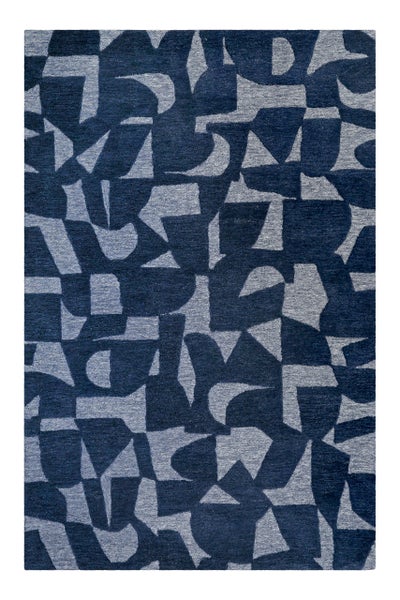 Teppich mit abstraktem geometrischem Muster in Dunkelblau und Grau.