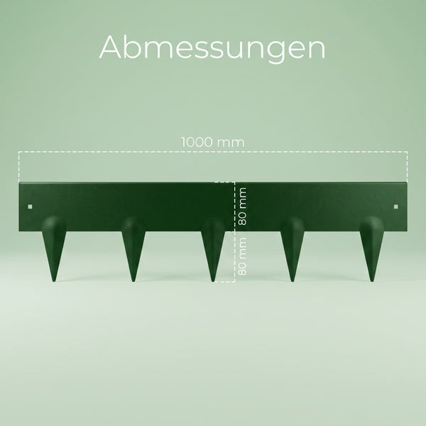 Maßzeichnung einer Rasenkante aus Metall mit 1000 Millimeter Länge und 160 Millimeter Gesamthöhe inklusive Erdspießen.