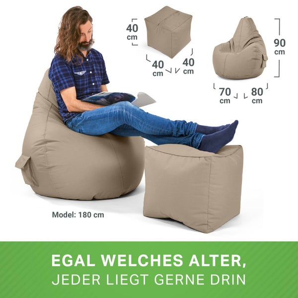 Green Bean 2er Set Sitzsack + Hocker - fertig befüllt - robust waschbar schmutzabweisend - Kinder & Erwachsene Bean Bag Bodenkissen Lounge Sitzhocker Relax-Sessel Gamer Gamingstuhl Pouf - Taupe