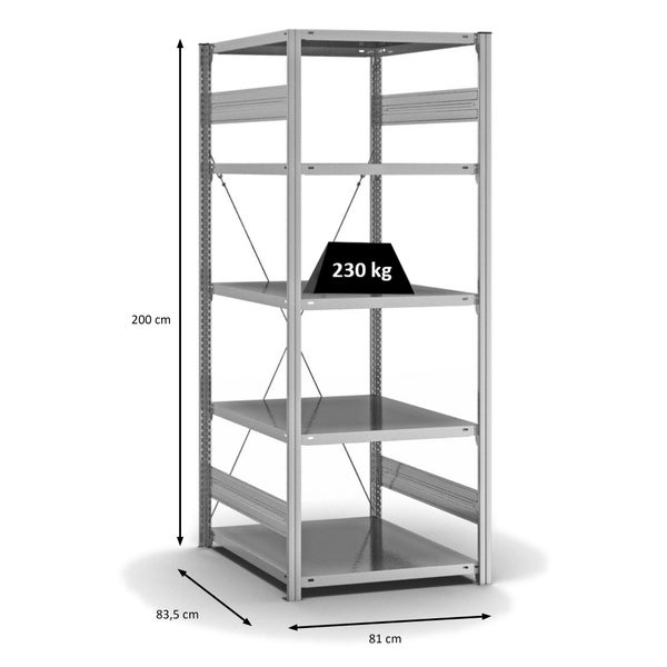 PROREGAL Fachbodenregal Stecksystem T-Profil Medium-Duty Grundregal HxBxT 200 x 75 x 80 cm 5 Ebenen Fachlast 230 kg Einseitig Nutzbar Verzinkt