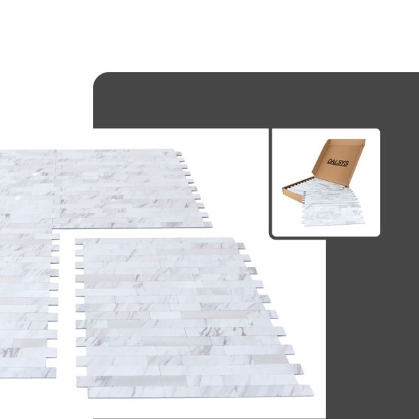 Selbstklebende Wandfliesen in Marmor-Optik mit Ziegelmuster, Set mit Verpackung und Dalsys Logo.