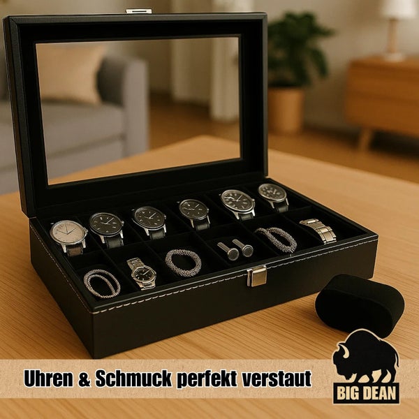 Uhrenbox aus Kunstleder mit Glassichtfenster, Ziernähten und Metallverschluss, Big Dean Logo.