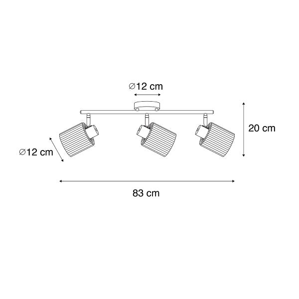 Abmessungen einer Deckenleuchte mit drei Strahlern: 83 cm breit, 20 cm hoch, Strahlerdurchmesser 12 cm