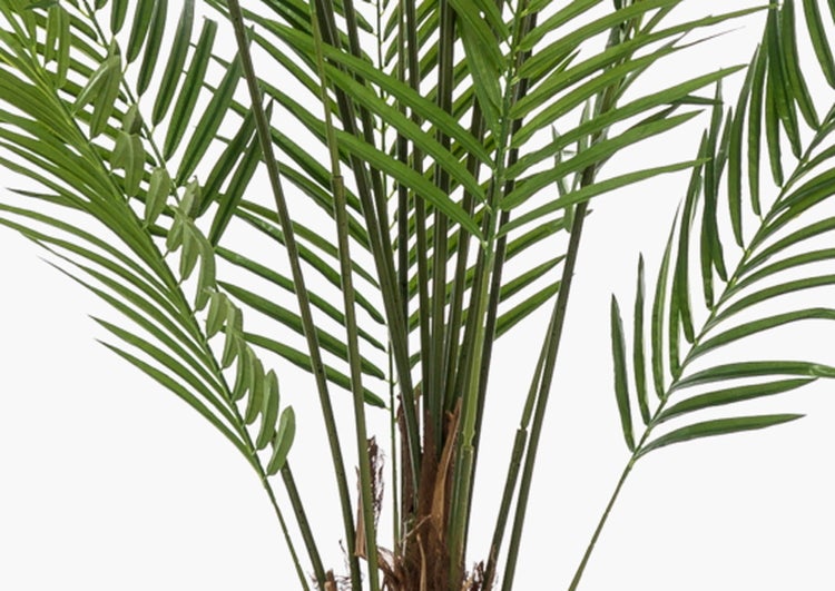 Detailansicht einer künstlichen Palme mit grünen Blättern und braunem Stamm.