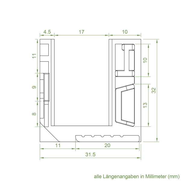Technische Zeichnung mit Maßangaben in Millimetern