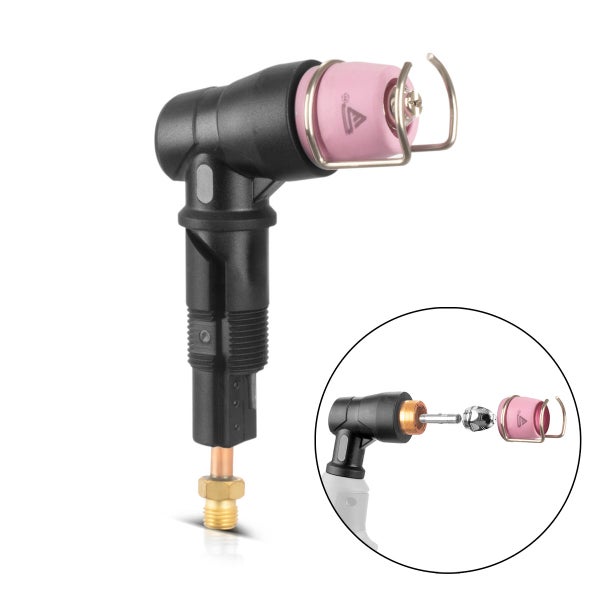 Schwarzer Brennerkopf für Plasmaschneider mit pinkfarbener Keramikdüse, Metallabstandshalter und Messinganschluss.