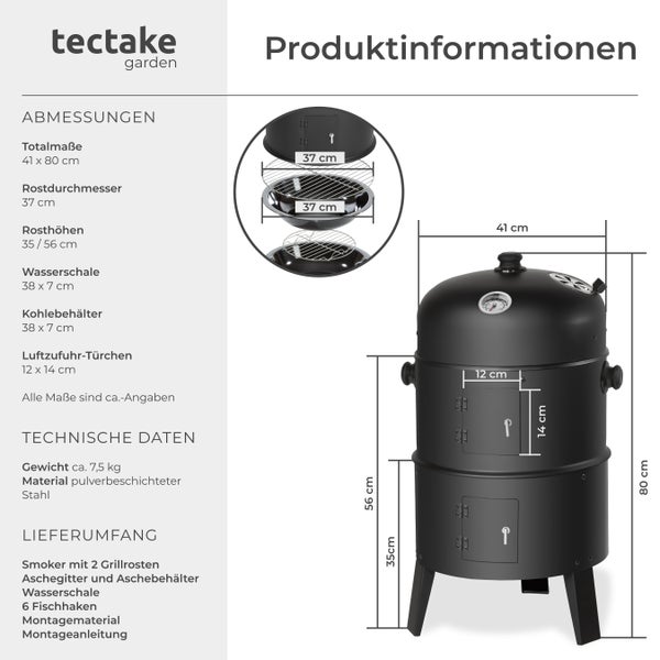Produktinformationen mit Abmessungen und Lieferumfang des Smokers mit zwei Grillrosten von tectake garden