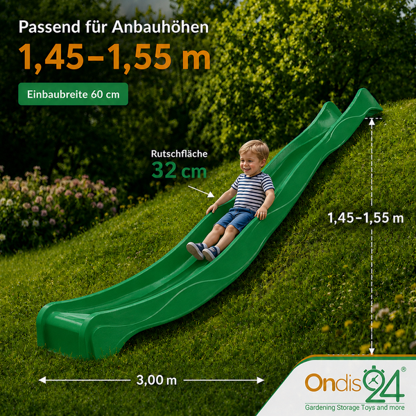 Grüne Gartenrutsche an einem Grashang mit einem Kind. Maße: Länge 3 Meter, Breite 60 Zentimeter, passend für Höhen von 1,45 bis 1,55 Metern. Ondis24 Logo.