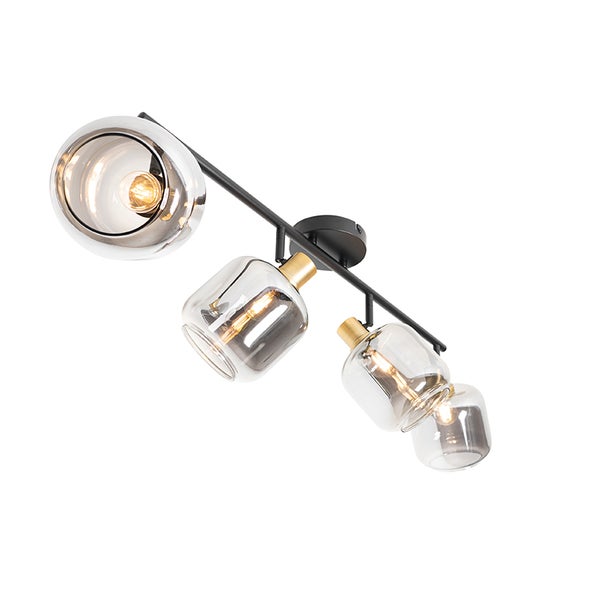 Deckenleuchte mit vier Rauchglaslampenschirmen an schwarzer Stange