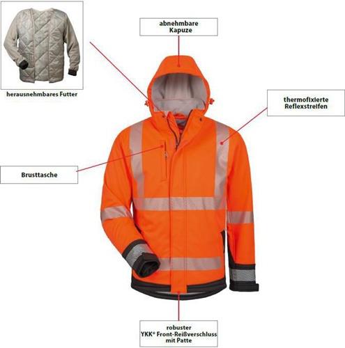 Orangefarbene Warnschutzjacke mit abnehmbarer Kapuze, Brusttasche, thermofixierten Reflexstreifen, robustem YKK Front-Reißverschluss mit Patte und herausnehmbarem Futter.