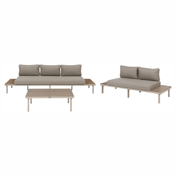 Moderne Lounge Sitzgruppe mit Sofa, Bank und Tisch aus Metall und Holz für den Garten oder die Terrasse.