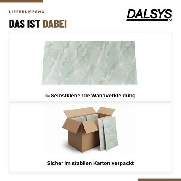 Lieferumfang von vier selbstklebenden Wandverkleidungsplatten in Marmoroptik, sicher verpackt im Karton, mit Dalsys Logo.