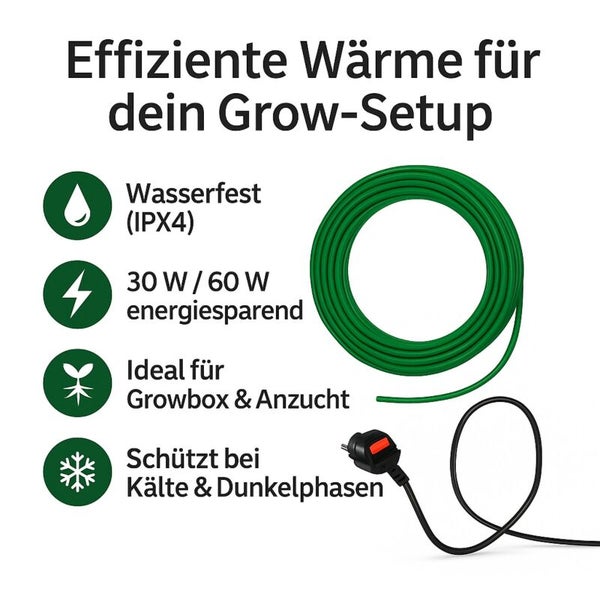 Heizkabel für die Pflanzenaufzucht: Wasserfest IPX4, dreißig oder sechzig Watt, ideal für Growbox und Anzucht, schützt vor Kälte.