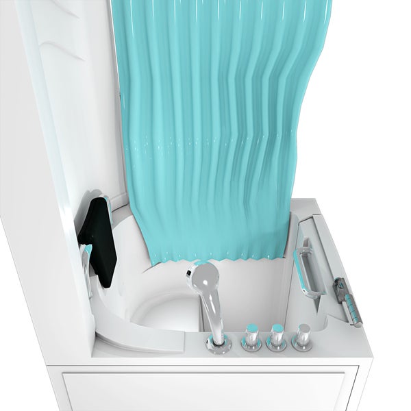 Weiße Sitzbadewanne mit Tür, verchromtem Haltegriff, Armaturen, Handbrause, schwarzer Kopfstütze und türkisem Duschvorhang.