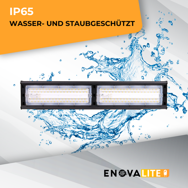Enovalite Logo. LED-Leuchte, wasser- und staubgeschützt gemäß IP65