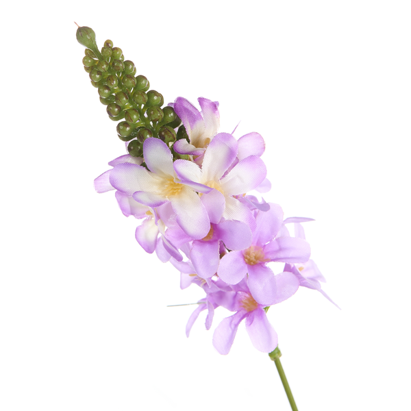 Künstlicher Fliederzweig mit violetten Textilblüten und grünen Kunststoffknospen zur Dekoration.