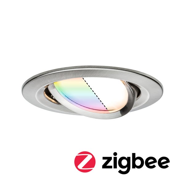 Runder LED Einbaustrahler aus gebürstetem Metall mit Multi-Color Lichtfunktion und Zigbee Logo.