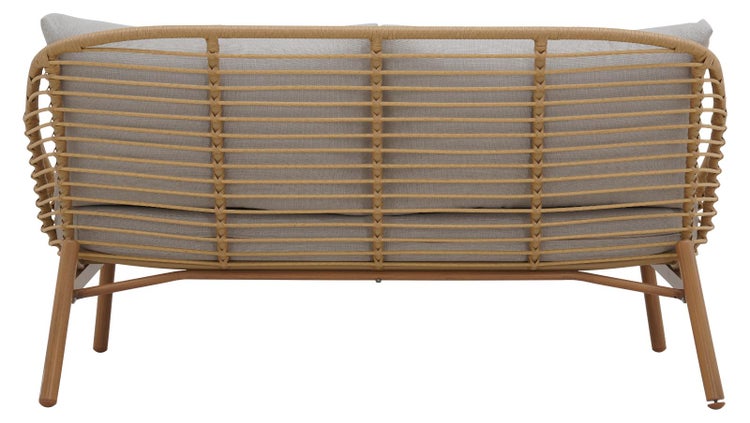 Rückansicht eines Zweisitzer Gartensofas mit horizontaler Seilbespannung und Holzbeinen.