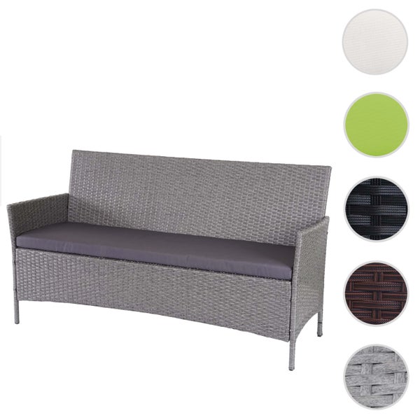 Gartenbank aus Polyrattan-Geflecht mit Sitzkissen und Armlehnen.